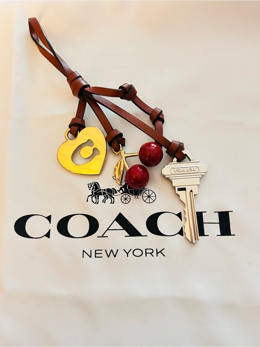 NWOT Coach Love Denim Cherry/Heart/ Key Genuine Leather Bag Charm - Picture 1 of 11